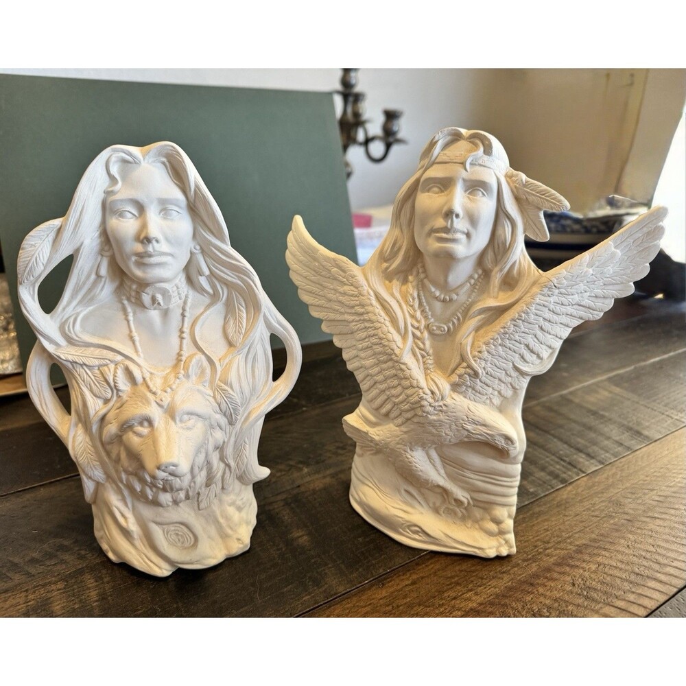 Vintage, Bisque Ceramic, Native American, Eagle, Wolf, Ready to Paint, Set of 2